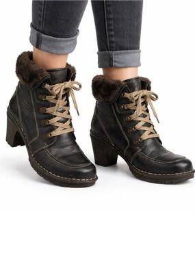 Size 7 Josef Seibel Women’s Kingfisher Black Leather Lace Up Fur Boots Heeled